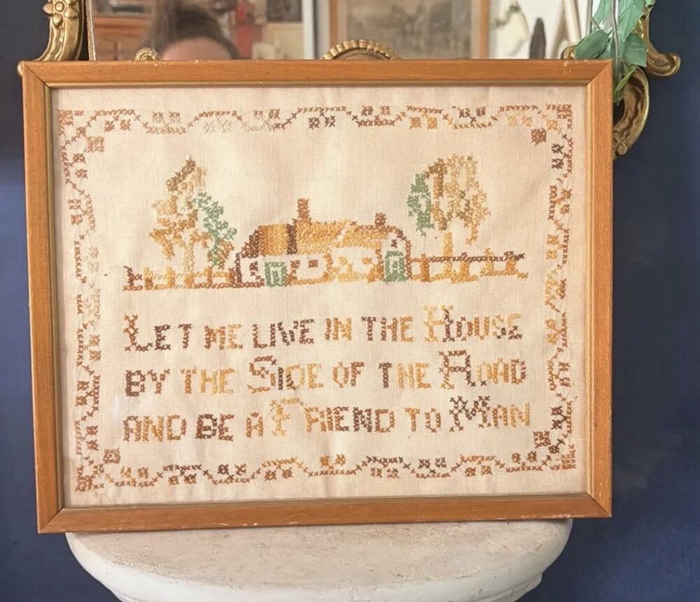 completed cross stitch framed Cottage Granny Core Farmhouse Handmade Vintage